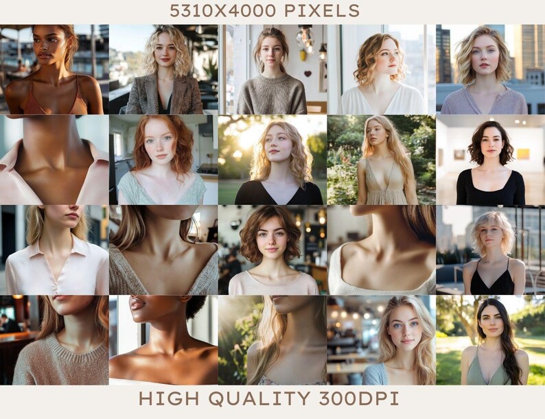 Pu&ograve; includere: Un collage di 20 immagini con donne con diversi stili di capelli e abbigliamento. Le immagini sono disposte in una griglia e sono tutte in uno stile simile.