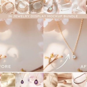 Peut inclure: Une image avant et après montrant la différence d'un collier avec un petit pendentif en diamant. L'image de gauche montre le collier avec un pendentif flou. L'image de droite montre le collier avec un pendentif clair et net. Le texte "26 JEWELRY DISPLAY MOCKUP BUNDLE" est en haut de l'image. Le texte "BEFORE" est en bas à gauche de l'image. Le texte "AFTER" est en bas à droite de l'image.
