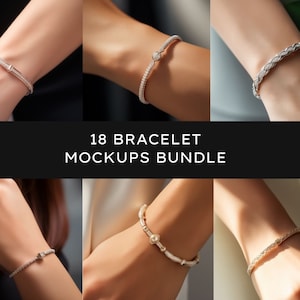 Puede incluir: Un conjunto de 18 maquetas de pulseras que muestran diferentes estilos de pulseras en muñecas femeninas. Las pulseras están hechas de plata y presentan diferentes diseños, incluyendo una banda simple, una cadena con una perla y un diseño trenzado.
