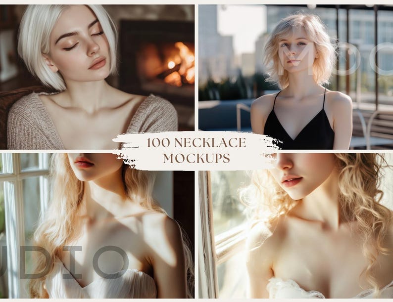 Pu&ograve; includere: Quattro immagini di donne che indossano abiti diversi, mostrando una variet&agrave; di mockup di collane. Il testo "100 NECKLACE MOCKUPS" &egrave; sovrapposto alle immagini.