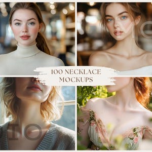 Pu&ograve; includere: Una collezione di 100 mockup di collane con diverse donne che indossano vari stili di collane. I mockup sono perfetti per mostrare i tuoi design di gioielli.
