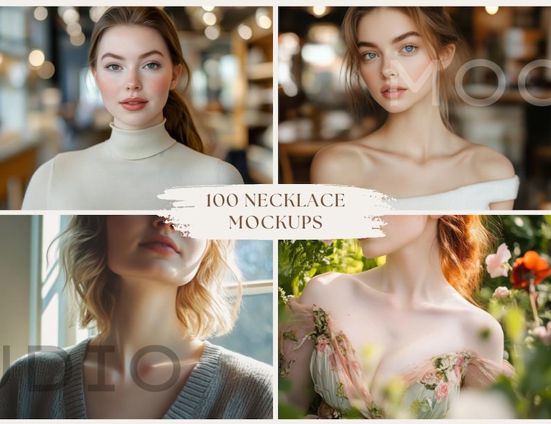 Pu&ograve; includere: Una collezione di 100 mockup di collane con diverse donne che indossano vari stili di collane. I mockup sono perfetti per mostrare i tuoi design di gioielli.