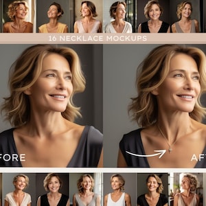 May include: Before and after image showing a woman wearing a necklace. The image on the left shows the woman without a necklace. The image on the right shows the woman wearing a gold chain necklace with a small pendant.