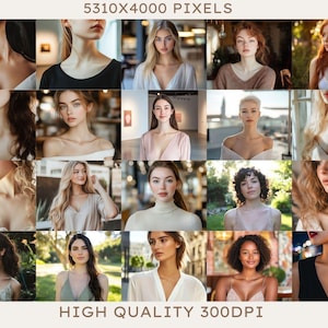 Pu&ograve; includere: Un collage di 18 immagini che mostrano donne con diversi stili di capelli e abbigliamento. Le immagini sono disposte in una griglia e hanno un'illuminazione morbida e naturale. Le immagini sono di alta qualit&agrave; e hanno una risoluzione di 5310x4000 pixel.