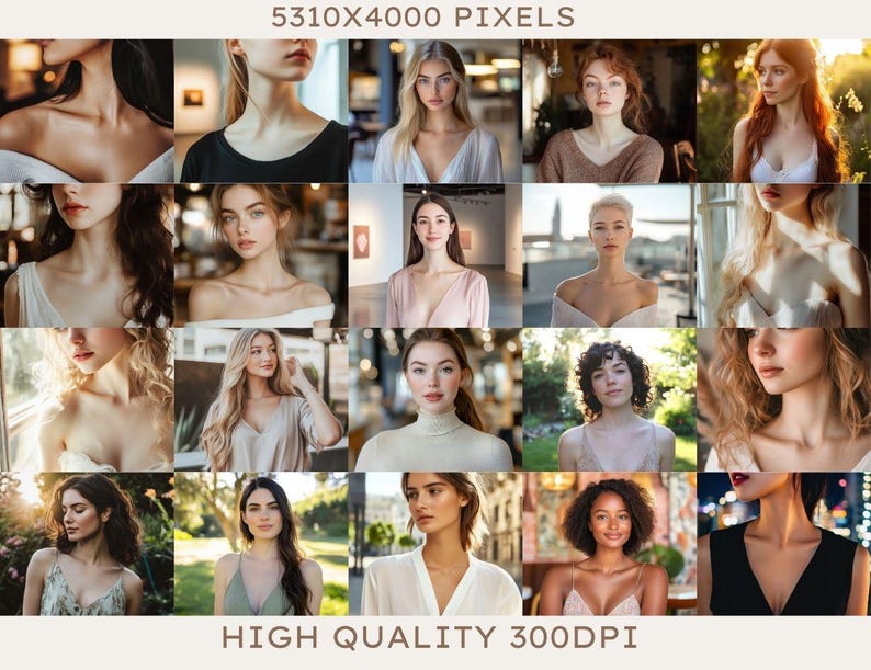 Pu&ograve; includere: Un collage di 18 immagini che mostrano donne con diversi stili di capelli e abbigliamento. Le immagini sono disposte in una griglia e hanno un'illuminazione morbida e naturale. Le immagini sono di alta qualit&agrave; e hanno una risoluzione di 5310x4000 pixel.