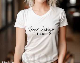 White T-Shirt Mockup,Mockup shirt,Bella Canvas 3001 Mockup,Female Model Mockup, Bella Canvas Shirt