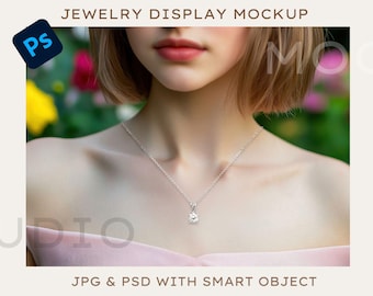 Necklace Model Mockup PSD File with Smart Object , Female Model, Professional Jewelry Display Background for Product Presentation
