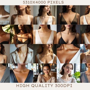 Pu&ograve; includere: Un collage di immagini che ritraggono donne che indossano diverse maglie con scollature diverse, tra cui scollature a V, scollature a barca e scollature halter. Le donne hanno diversi toni della pelle e colori di capelli, e tutte guardano la fotocamera.