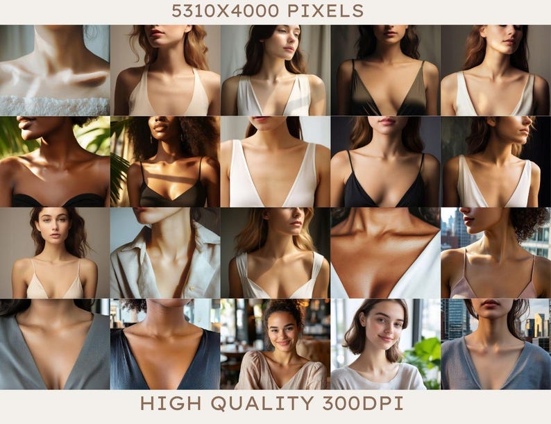 Pu&ograve; includere: Un collage di immagini che ritraggono donne che indossano diverse maglie con scollature diverse, tra cui scollature a V, scollature a barca e scollature halter. Le donne hanno diversi toni della pelle e colori di capelli, e tutte guardano la fotocamera.