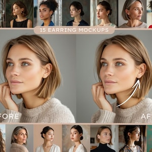May include: Before and after photos of a person wearing earrings. The photo on the left shows the person before wearing earrings. The photo on the right shows the person after wearing earrings. The photo on the right has a white arrow pointing to the earlobe where the earrings are.