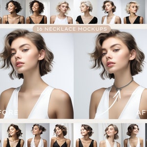 Puede incluir: Una imagen de antes y después que muestra a una mujer con un top blanco sin mangas. La imagen de la izquierda muestra a la mujer sin collar. La imagen de la derecha muestra a la mujer con un collar gargantilla plateado. El texto "16 NECKLACE MOCKUPS" está en la parte superior de la imagen. El texto "ANTES" está en la parte inferior izquierda de la imagen. El texto "DESPUÉS" está en la parte inferior derecha de la imagen.