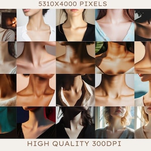 Pu&ograve; includere: Un collage di 20 immagini con primi piani di colli di donne. Le immagini mostrano diversi toni della pelle, angoli e illuminazione.