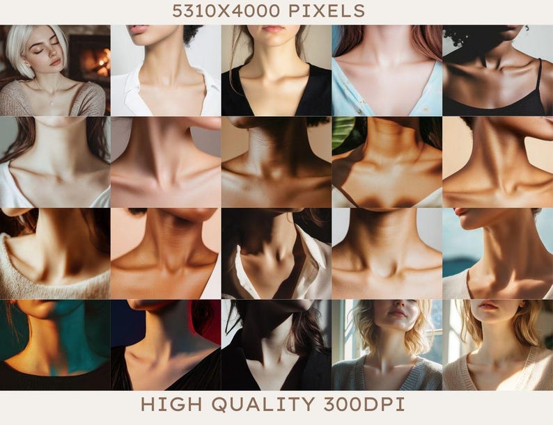 Pu&ograve; includere: Un collage di 20 immagini con primi piani di colli di donne. Le immagini mostrano diversi toni della pelle, angoli e illuminazione.