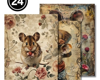 Lindo papel digital bohemio con forma de ratón JPG, clipart de señoras ratoncitas con ropa, tamaño carta de EE. UU. de 8 1/2" x 11", papel digital para álbumes de recortes, uso comercial