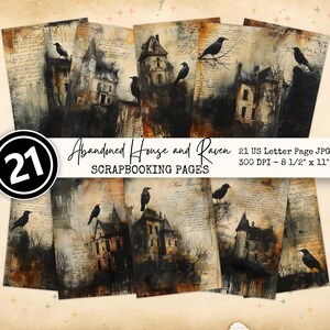 Puede incluir: Un conjunto de 21 p&aacute;ginas digitales de scrapbooking con casas abandonadas y cuervos. Las p&aacute;ginas son de estilo vintage con un aspecto desgastado y envejecido. Las im&aacute;genes son en tonos marrones, negros y blancos. El texto en las p&aacute;ginas dice "Abandoned House and Raven Scrapbooking Pages".