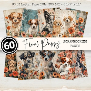 Set di 60 carte digitali Puppy & Flowers Boho Dog JPG US Letter 8 1/2" x11" Pagine di diario spazzatura Scrapbooking Download immediato Uso commerciale