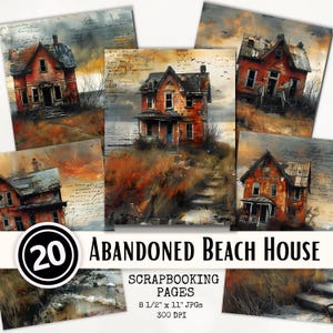Papel para álbum de recortes con diseño de casa abandonada junto al mar, descarga digital instantánea, técnica mixta, océano salvaje, imprimible, 8 1/2 x 11, uso comercial