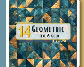 Teal and Gold Background JPG 12" x 12" Geometric Pattern Digital Paper Junk Journal Scrapbook Instant Download High Quality Commercial Use