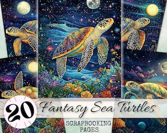 Puede incluir: Un conjunto de 20 páginas de álbum de recortes de tortugas marinas de fantasía. Cada página presenta una tortuga marina colorida nadando en una vibrante escena submarina con un cielo estrellado y una luna llena. Las páginas son JPG de 21,59 cm x 27,94 cm a 300 DPI.