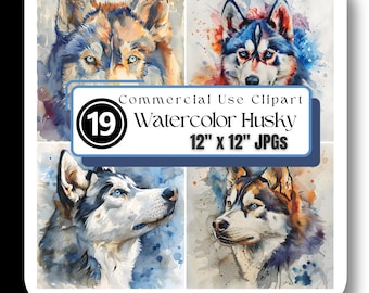 Watercolor Siberian Husky Dog JPG 12x12 Malamute Wolf Portrait Canine Junk Journal Scrapbook Instant Download High Quality Creators Crafters