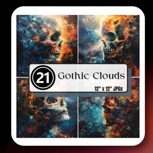 Goth SKULL Clouds Digital Paper 12&quot; JPG Smoke Gothic Horror Dark Romance Creepy Human Bone Sky Halloween High Quality Download Commercial
