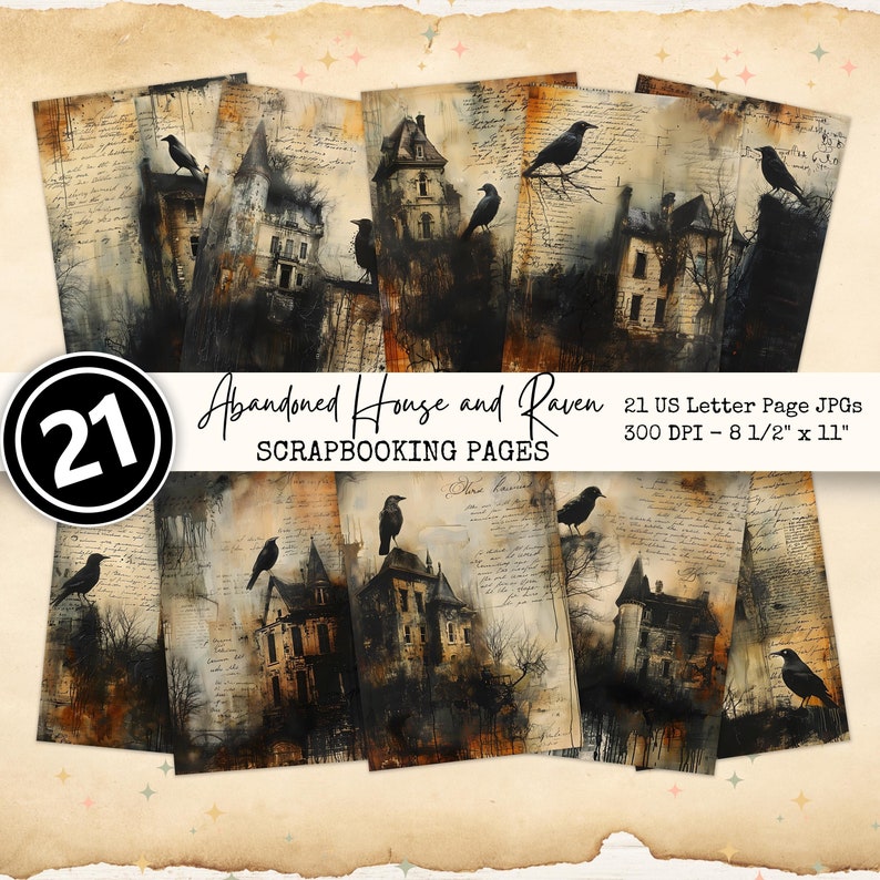 Puede incluir: Un conjunto de 21 p&aacute;ginas digitales de scrapbooking con casas abandonadas y cuervos. Las p&aacute;ginas son de estilo vintage con un aspecto desgastado y envejecido. Las im&aacute;genes son en tonos marrones, negros y blancos. El texto en las p&aacute;ginas dice "Abandoned House and Raven Scrapbooking Pages".