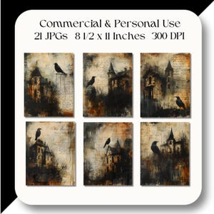 Puede incluir: Un collage digital de seis im&aacute;genes que muestran una casa g&oacute;tica en ruinas con cuervos posados en el techo y los &aacute;rboles circundantes. Las im&aacute;genes est&aacute;n sobre un fondo de texto manuscrito descolorido y tienen una est&eacute;tica vintage y desgastada.