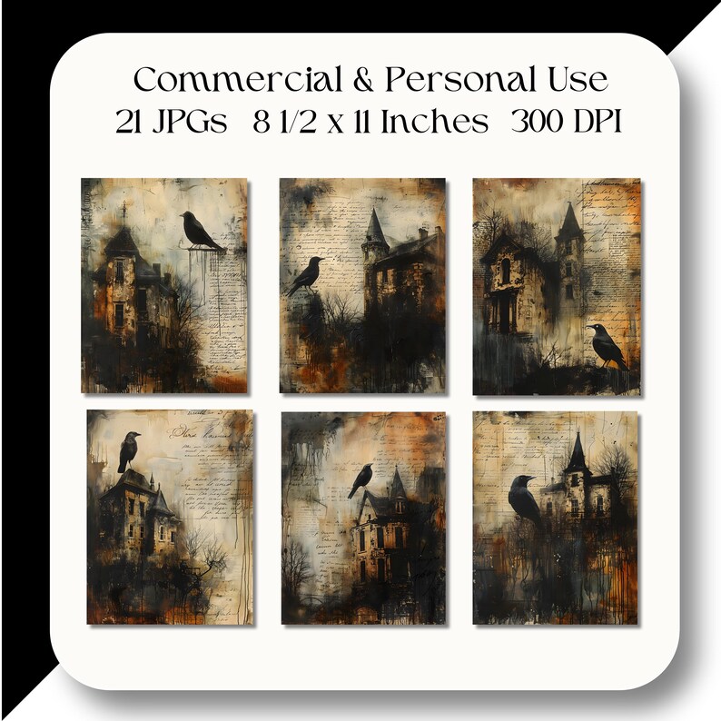 Puede incluir: Un collage digital de seis im&aacute;genes que muestran una casa g&oacute;tica en ruinas con cuervos posados en el techo y los &aacute;rboles circundantes. Las im&aacute;genes est&aacute;n sobre un fondo de texto manuscrito descolorido y tienen una est&eacute;tica vintage y desgastada.