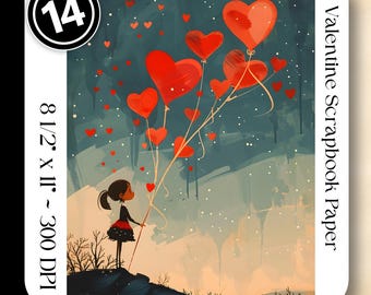Ragazza di San Valentino con palloncini a CUORE JPG Lettera USA Giornale spazzatura Carta digitale Clipart Download digitale istantaneo di alta qualità Uso commerciale
