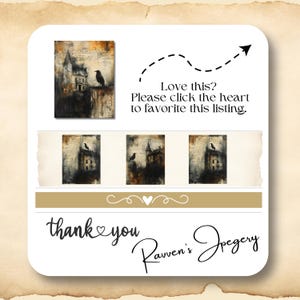 Puede incluir: Tres pinturas de una casa de estilo g&oacute;tico oscuro con un cuervo posado en el techo. La casa est&aacute; pintada en tonos marrones, negros y blancos, con un fondo texturizado y desgastado. El texto "Love this? Please click the heart to favorite this listing." y "thank you Raven's Jregery" tambi&eacute;n se incluyen en la imagen.