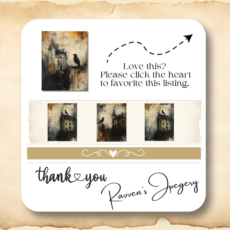 Puede incluir: Tres pinturas de una casa de estilo g&oacute;tico oscuro con un cuervo posado en el techo. La casa est&aacute; pintada en tonos marrones, negros y blancos, con un fondo texturizado y desgastado. El texto "Love this? Please click the heart to favorite this listing." y "thank you Raven's Jregery" tambi&eacute;n se incluyen en la imagen.