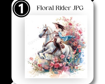 Floral Horse Girl Clipart, English Rider Clip art, Equestrian Clipart, Instant Download, Commercial Use, Fantasy Horse Woman in Flowers JPG