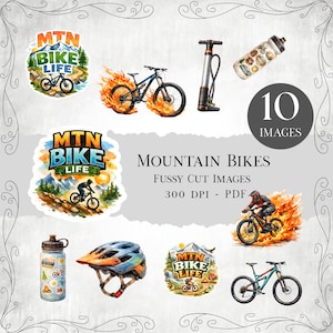 May include: A collection of watercolor-style images featuring mountain bikes, helmets, water bottles, and a bicycle pump. The images include the text "MTN BIKE LIFE" and the words "MOUNTAIN BIKES". The collection includes 10 images.