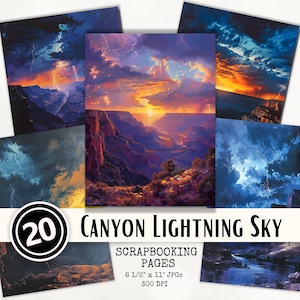 May include: A set of 20 digital scrapbooking pages featuring images of a canyon landscape with dramatic lightning storms in the sky. The images are 8.5 inches by 11 inches and 300 DPI.