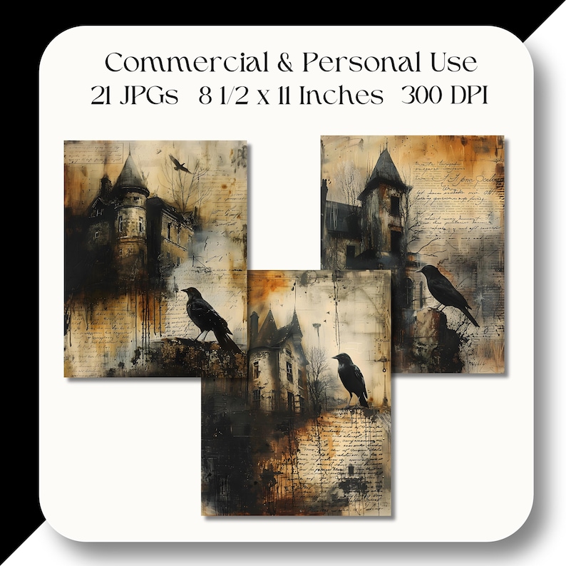 Puede incluir: Un collage digital de tres im&aacute;genes que muestran un edificio oscuro de estilo g&oacute;tico con cuervos posados en el techo y las paredes. Las im&aacute;genes est&aacute;n superpuestas con papel texturizado y texto escrito a mano, creando una sensaci&oacute;n vintage y atmosf&eacute;rica.
