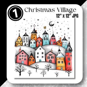 Christmas Village JPG-clipart Winter Village-illustraties eenvoudige schets-tekenstijl voor kerstkaarten Instant Digitale Download commercieel gebruik
