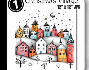 Clipart JPG del villaggio di Natale Clip Art del villaggio invernale Stile di disegno semplice di schizzo per biglietti di auguri di Natale Download digitale istantaneo Uso commerciale