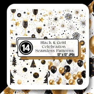 Black Gold CELEBRATION Seamless Tile JPG 12&quot; x 12&quot; Holiday New Years Digital Paper Junk Journal Scrapbook Pages Backgrounds Instant Download