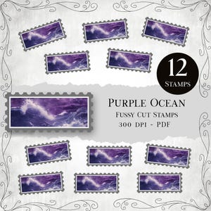 May include: A sheet of 12 fussy cut stamps featuring a purple ocean wave design. The stamps are rectangular with a gray border and a white interior. The text "Purple Ocean" and "12 Stamps" are also visible.
