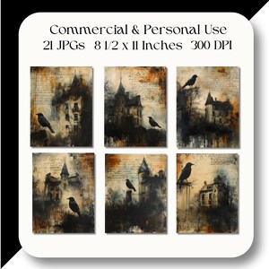 Puede incluir: Un collage digital de seis im&aacute;genes que muestran un edificio oscuro, misterioso y abandonado con cuervos posados en el techo y los &aacute;rboles circundantes. El edificio est&aacute; sobre un fondo de texto manuscrito descolorido y una est&eacute;tica vintage y desgastada.