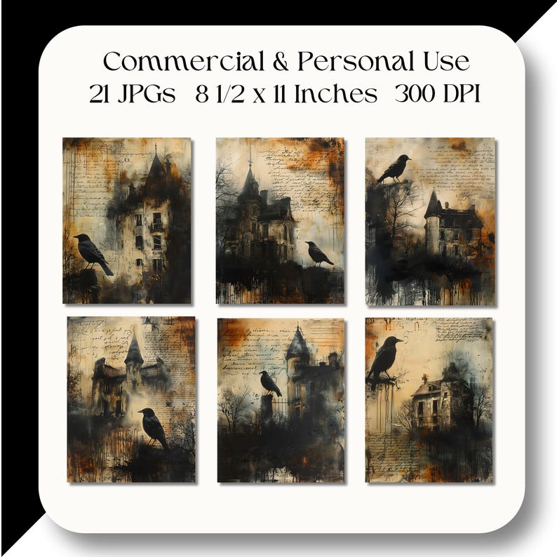 Puede incluir: Un collage digital de seis im&aacute;genes que muestran un edificio oscuro, misterioso y abandonado con cuervos posados en el techo y los &aacute;rboles circundantes. El edificio est&aacute; sobre un fondo de texto manuscrito descolorido y una est&eacute;tica vintage y desgastada.