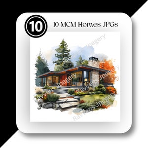 Set of 10 Mid-Century Modern Homes JPG, Watercolor jpg, MCM JPG, Instant Download, Commercial Use Clipart, 1960 Vibe, Googie Clipart, Retro