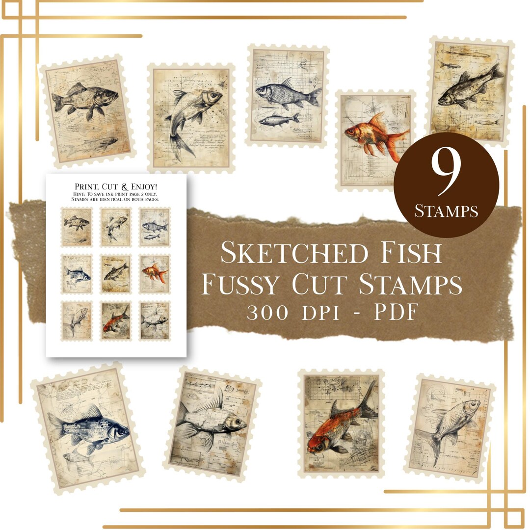 Steched Fish Sketched Fish Fussy Cut Stamps -junk Journal Vintage Swimming Ocean ...