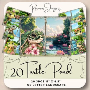 Floral TURTLE Pond Junk Journal Scrapbook Paper Instant Digital Download Cartoon Tortoise Printable Page 11&quot; x 8 1/2&quot; US Letter Landscape