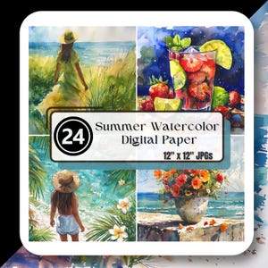 Watercolor SUMMER Digital Paper JPG Clipart Beach Picnic Lemonade Floral Scrapbook Junk Journal High Quality Instant Download Commercial Use