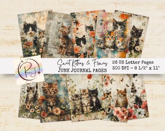 Conjunto de 26 gatitos y flores papeles digitales JPG Clipart US Carta 8 1/2" x 11" Páginas de diario basura Scrapbooking Descarga instantánea Uso comercial