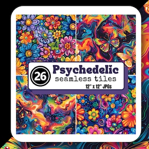 Psychedelic SEAMLESS TILES Hippy Flower Butterfly Colorful Scrapbooking Paper Vibrant 70's Vibe Colorful Digital Paper Abstract Patterns