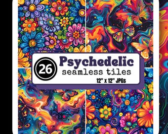 Carrelage psychédélique sans couture, fleur hippie, papillon, papier de scrapbooking coloré, vibrant des années 70, papier numérique coloré, motifs abstraits