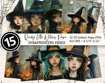 Quirky Little Witch Digital Paper JPG Halloween Gothic US Letter 8 1/2" x11" Junk Journal Pages Scrapbooking Instant Download Commercial Use