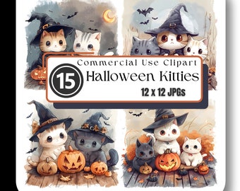 Halloween Kitten and Pumpkin JPG 12x12 Kawaii Cute Cats Witch Hats Junk Journal Clipart Instant Download High Quality Graphics For Creators